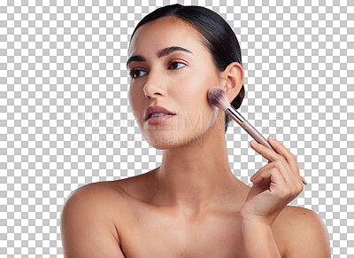 Buy stock photo Woman, thinking and makeup brushes for beauty isolated on transparent png background with cosmetics. Skincare, creative and young model or person with cosmetic product, face foundation and self care