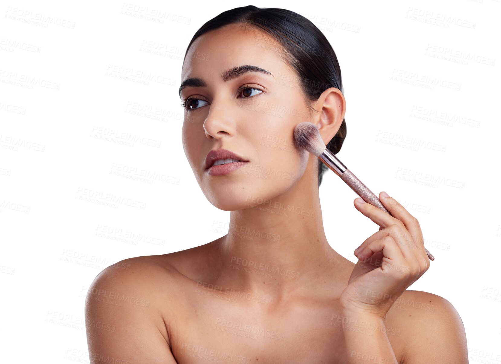 Buy stock photo Woman, thinking and makeup brushes for beauty isolated on transparent png background with cosmetics. Skincare, creative and young model or person with cosmetic product, face foundation and self care