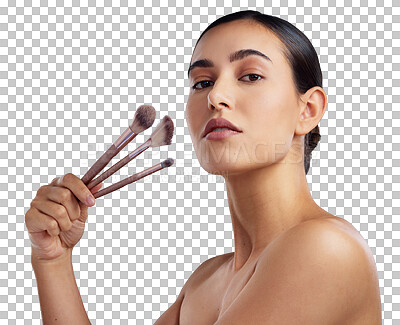 Buy stock photo Makeup, brush and confident woman in portrait isolated on transparent png background for beauty or cosmetics. Skincare and face of young model or person from USA with product for eyes or facial