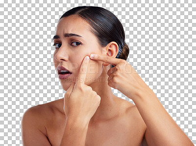 Buy stock photo Acne, squeeze and worry with portrait of woman on transparent background for skincare, blemish and pimple. Cosmetics, scar and dermatology with face of female person isolated on png for check and pop