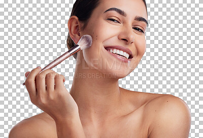 Buy stock photo Makeup, brush and portrait of happy woman isolated on transparent, png background for beauty or cosmetics. Skincare, face application and young model or person in USA with color foundation or product