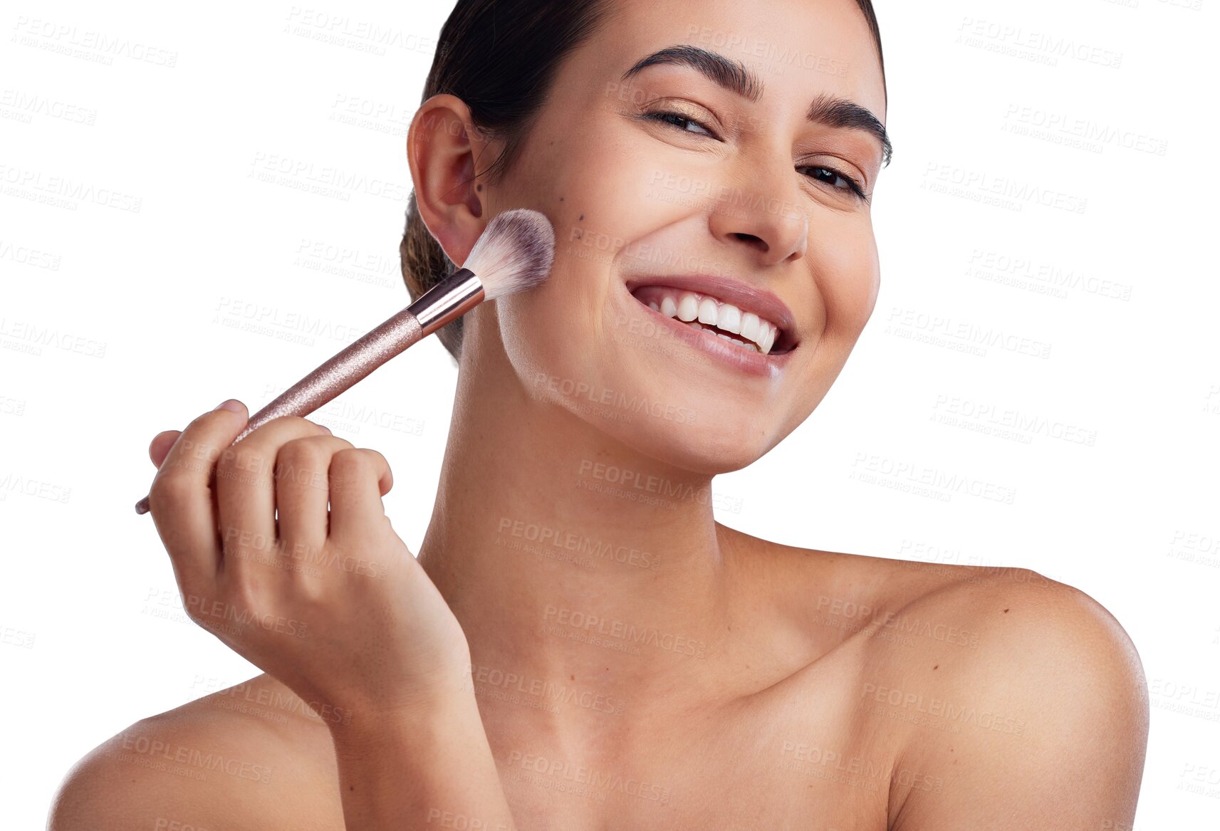 Buy stock photo Makeup, brush and portrait of happy woman isolated on transparent, png background for beauty or cosmetics. Skincare, face application and young model or person in USA with color foundation or product