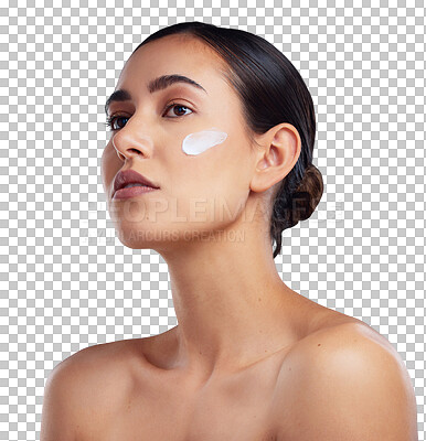 Buy stock photo Woman, cream on face and beauty with makeup, moisturizer and skincare isolated on transparent png background. Cosmetic care, female model with healthy skin glow and lotion, facial and dermatology