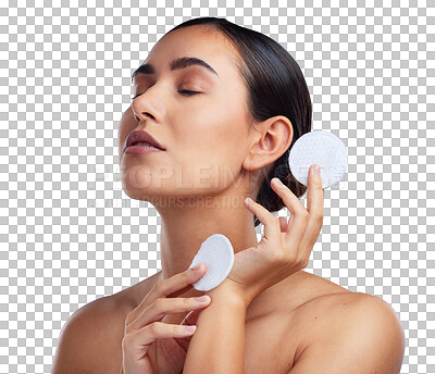 Buy stock photo Skincare, cotton pad and woman sleeping isolated on transparent png background for beauty ideas, cleaning and cosmetics. Thinking, facial product and model or person for dermatology and skin glow