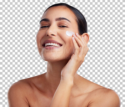 Buy stock photo Portrait, woman and beauty cream, skincare and cosmetics product for facial care on transparent, isolated or png background. Girl, face of model and happy with moisturizer or person at salon or spa