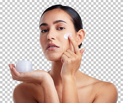 Buy stock photo Cream container, apply and woman in portrait for face skincare, dermatology and cosmetics or collagen. Facial product, lotion and young person or beauty model isolated on transparent, png background