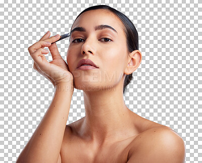 Buy stock photo Face, beauty and woman with tweezers isolated on a transparent png background. Portrait, cosmetics and tool for plucking eyebrows of serious model for grooming, hair removal or skincare for aesthetic