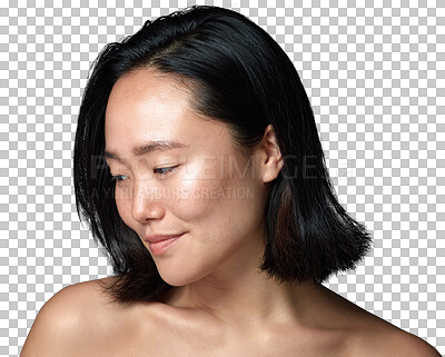 Buy stock photo Beauty, skincare and glow with face of asian woman on transparent background for cosmetic, spa and self care. Natural, wellness and health with female person isolated on png for dermatology treatment