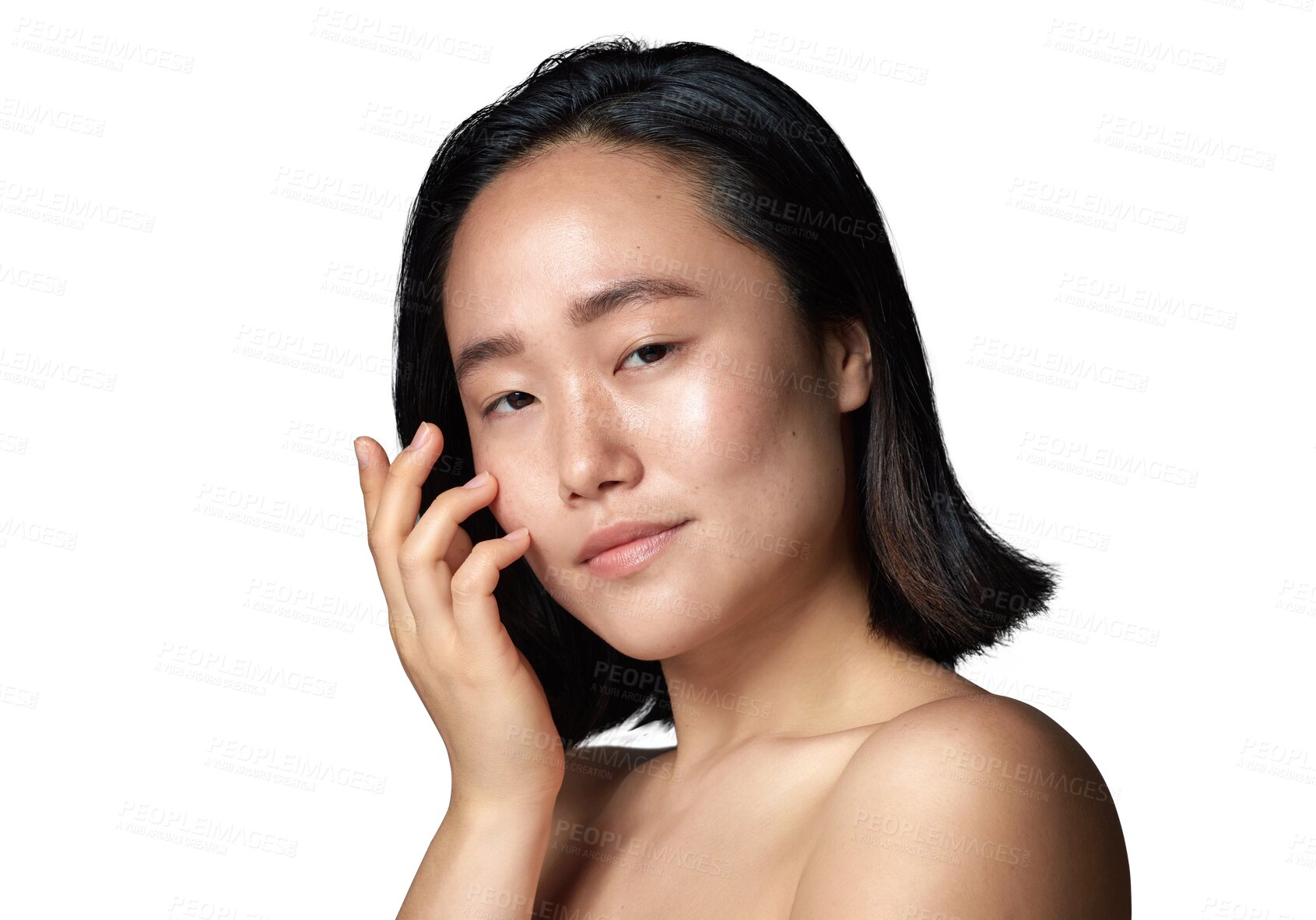 Buy stock photo Beauty, skincare and asian woman in portrait isolated on transparent, png background for cosmetics. Self love, healthy skin and glow of young person or model in dermatology, natural facial and smile