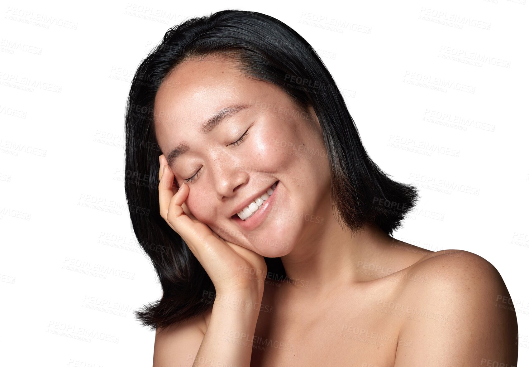 Buy stock photo Beauty, skincare and smile with face of asian woman on transparent background for cosmetic, spa or self care. Natural, wellness and health with female person isolated on png for dermatology treatment