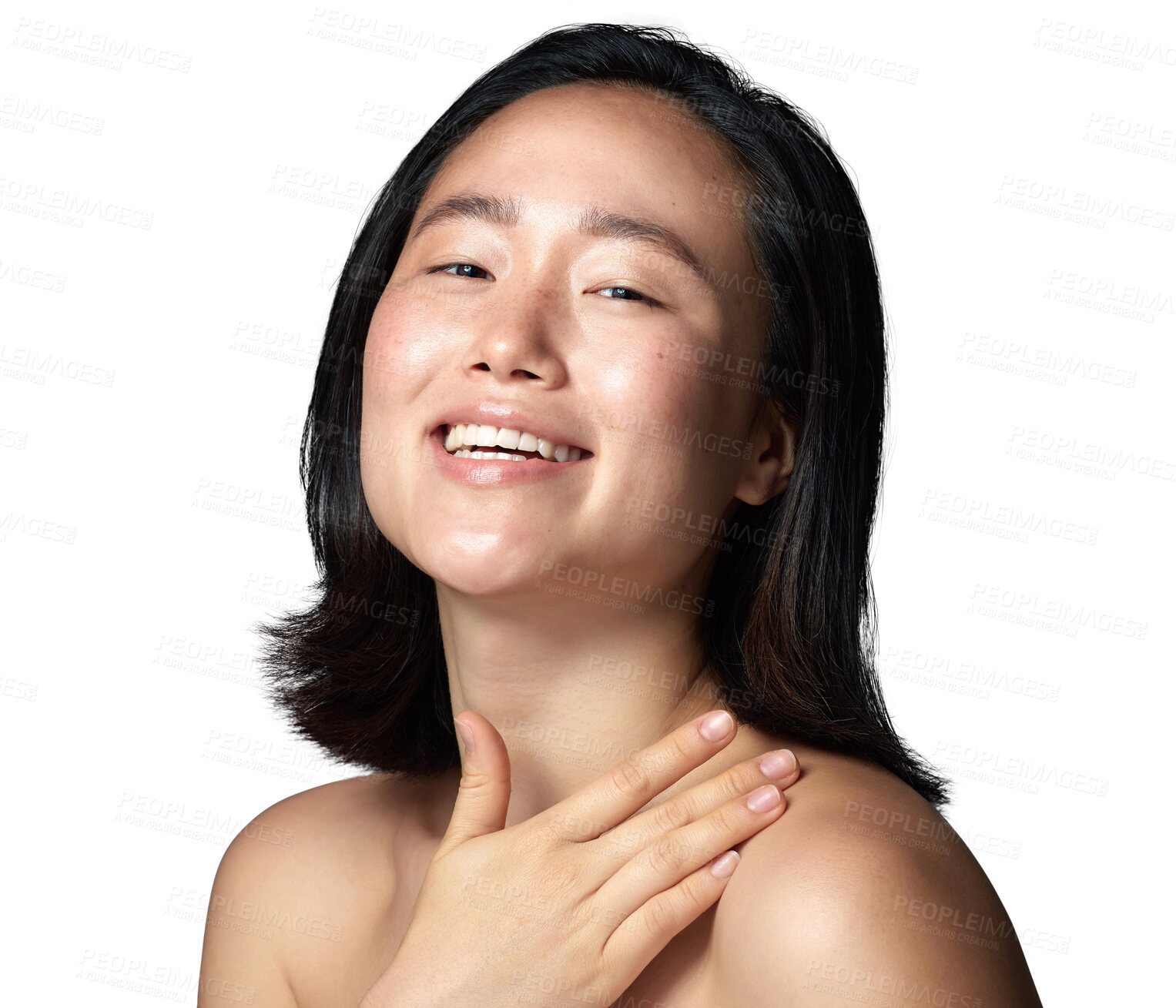 Buy stock photo Skincare, beauty and portrait of Asian woman with cosmetic care and smile isolated in a transparent or png background. Clean, face and happy young female person with natural cosmetics wellness