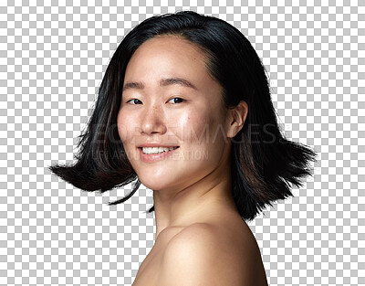 Buy stock photo Beauty, skincare and glow with portrait of asian woman on transparent background for cosmetic, spa and self care. Natural, face and health with female person isolated on png for dermatology treatment