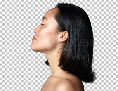 Buy stock photo Beauty, skincare and profile with face of asian woman on transparent background for cosmetic, spa and self care. Natural, glow and health with female person isolated on png for dermatology treatment