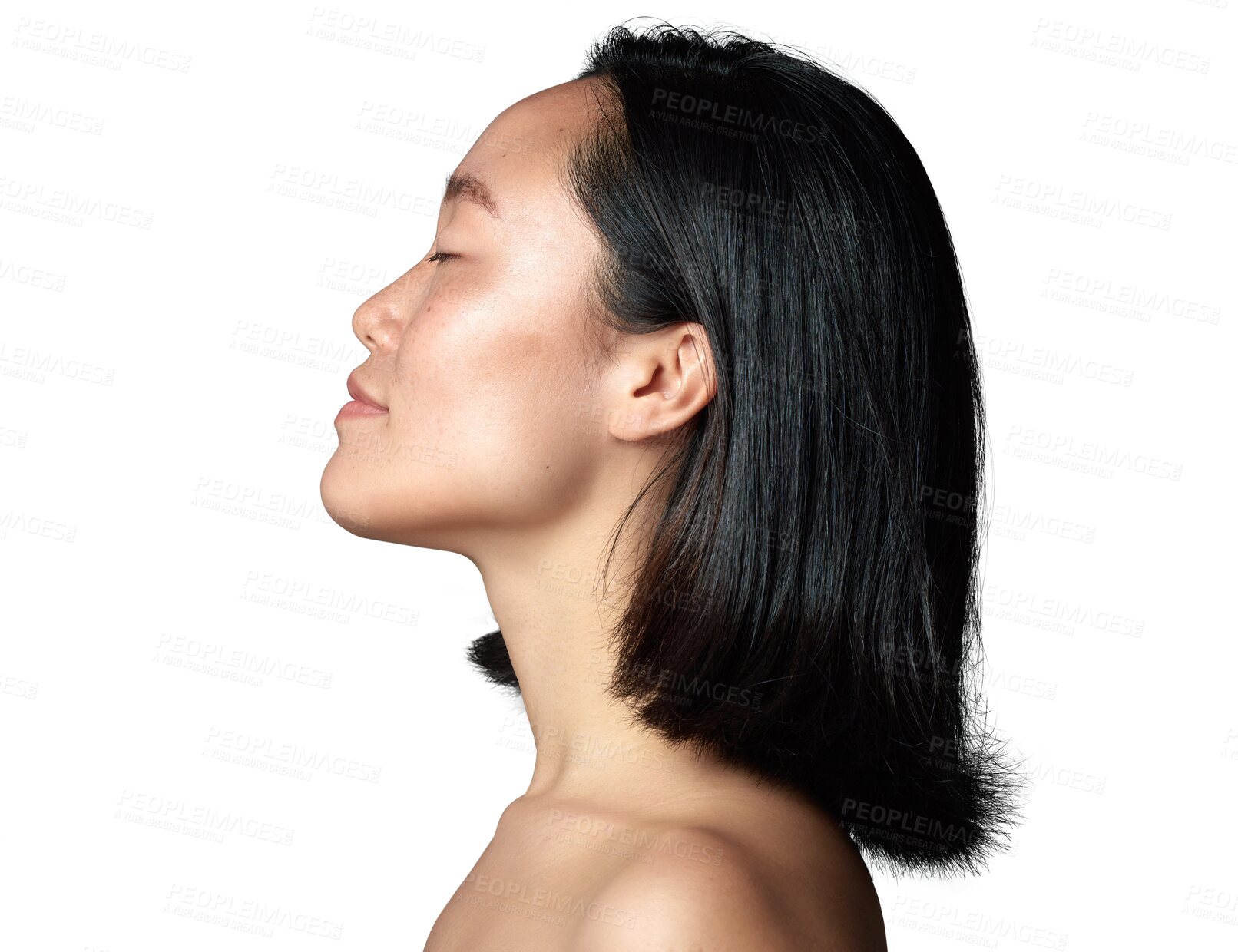 Buy stock photo Beauty, skincare and profile with face of asian woman on transparent background for cosmetic, spa and self care. Natural, glow and health with female person isolated on png for dermatology treatment