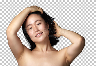 Buy stock photo Beauty, skincare and portrait with face of asian woman on transparent background for cosmetic, spa and self care. Natural, glow and health with female person isolated on png for dermatology treatment