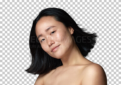 Buy stock photo Beauty, hairstyle and glow with portrait of asian woman on transparent background for cosmetic, spa and self care. Natural, face and health with female person isolated on png for salon treatment