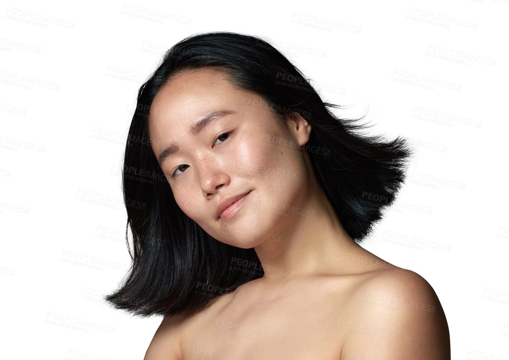 Buy stock photo Beauty, hairstyle and glow with portrait of asian woman on transparent background for cosmetic, spa and self care. Natural, face and health with female person isolated on png for salon treatment