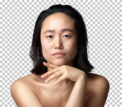 Buy stock photo Beauty, portrait and glow with face of asian woman on transparent background for cosmetic, spa and self care. Natural, wellness and health with female person isolated on png for dermatology treatment