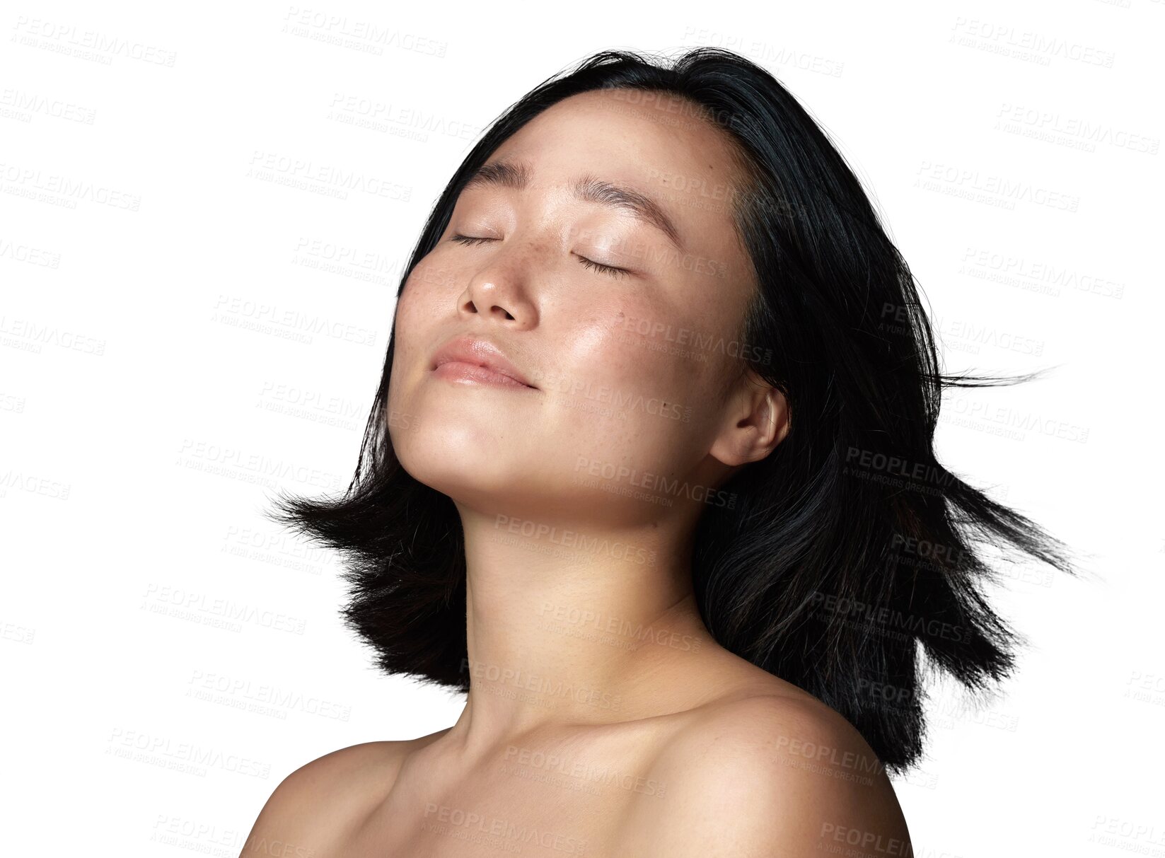 Buy stock photo Beauty, hairstyle and glow with face of asian woman on transparent background for cosmetic, spa and self care. Natural, wellness and health with female person isolated on png for salon treatment