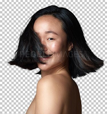 Buy stock photo Hair, shake and asian woman in portrait isolated on transparent png background in wind, keratin treatment and results. Glow, short bob hairstyle or happy face of young person or model moving or dance