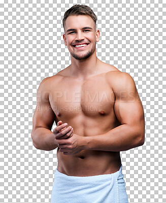 Buy stock photo Man, portrait and shower towel with a smile isolated on a transparent, png background. Male person, young and happy with strong muscle from fitness training and workout with morning hygiene routine