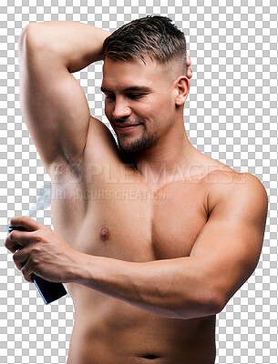 Buy stock photo Man, body care and spray or deodorant for armpit isolated on a transparent, png background. Perfume, skincare and protection or hygiene for wellness with happy man spraying antiperspirant cosmetics