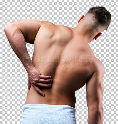Buy stock photo Pain, back view of a man and body injury isolated against a transparent png background. Suffering or ache, sprain or healthcare problem and male person shirtless with medical muscle accident