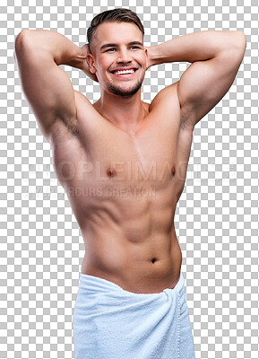 Buy stock photo Man, wellness exercise and shower towel with a smile isolated on a transparent, png background. Male person, young and happy with strong muscle from fitness training and workout with morning hygiene