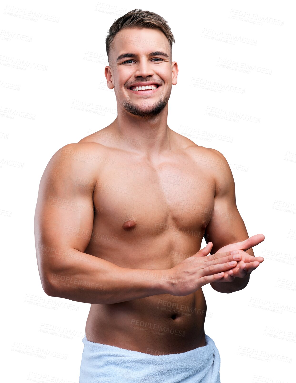 Buy stock photo Happy man, portrait smile and muscular body in skincare isolated on a transparent PNG background. Face of young attractive and handsome male person or model smiling in perfect skin, lotion or hygiene