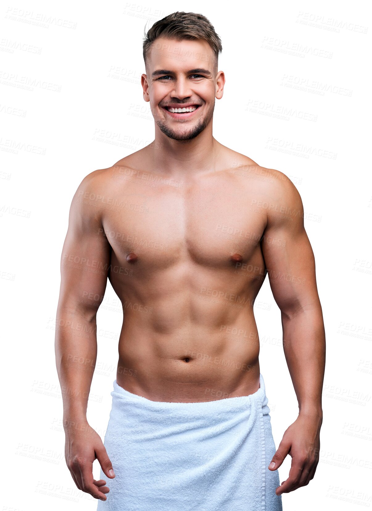 Buy stock photo Happy man, portrait and muscular body for skincare hygiene isolated on a transparent PNG background. Face of young attractive and handsome male person or model with smile for perfect skin or grooming