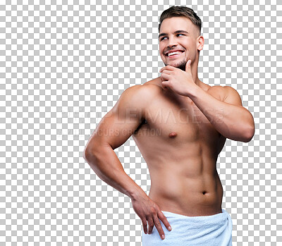 Buy stock photo Thinking, muscle and man in towel isolated on a transparent png background. Body, fitness or happy model with cloth after shower for exercise, train or workout for health, wellness or bodybuilder abs