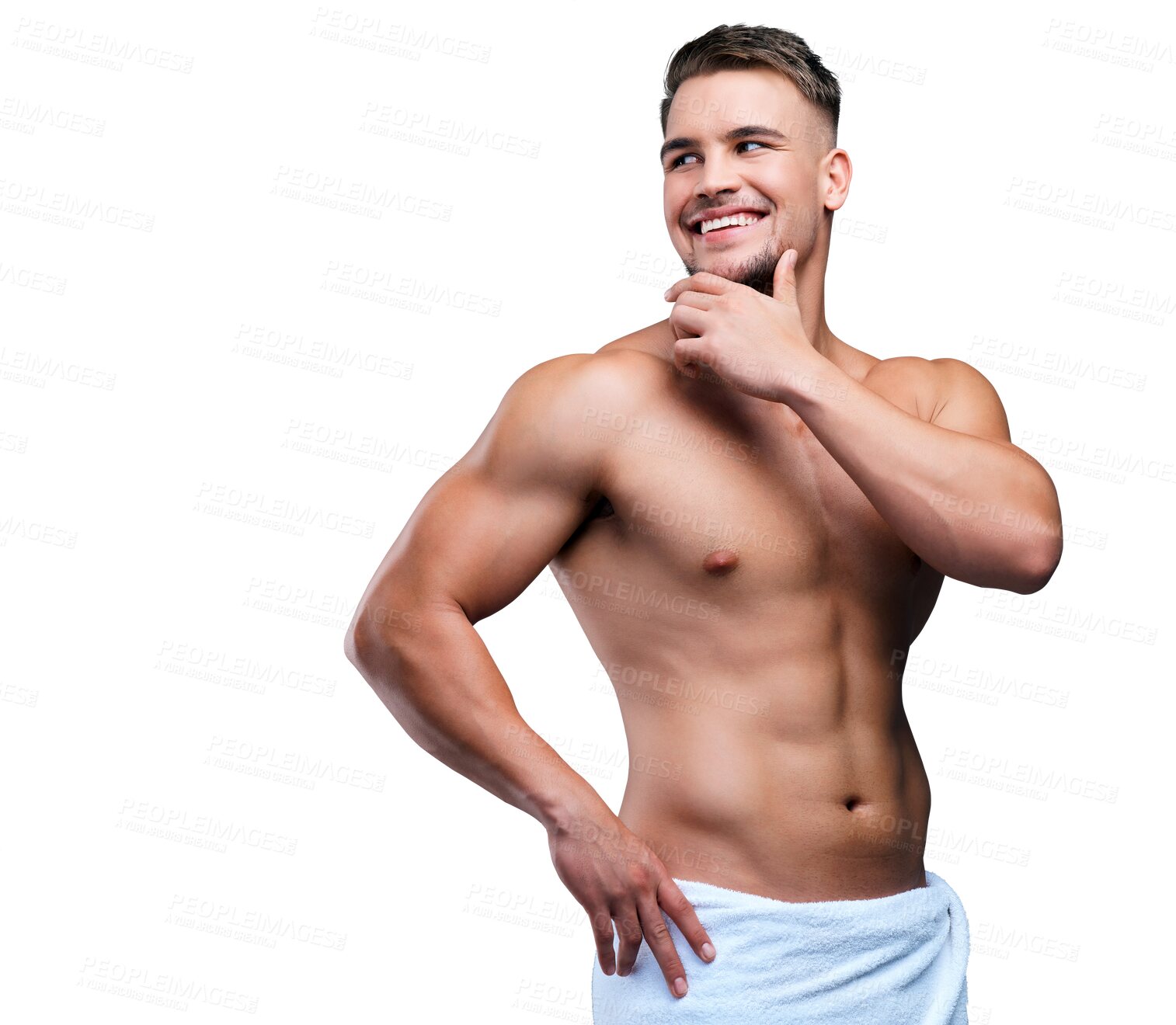 Buy stock photo Thinking, muscle and man in towel isolated on a transparent png background. Body, fitness or happy model with cloth after shower for exercise, train or workout for health, wellness or bodybuilder abs