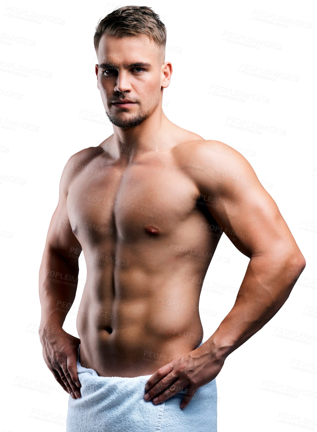 Buy stock photo Body, portrait and confident man in towel isolated on a transparent png background. Muscle, topless and serious male model with cloth after shower for exercise, workout or health, wellness and abs.