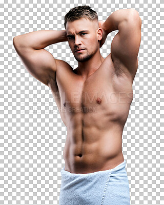 Buy stock photo Muscle, portrait and body of man in towel isolated on transparent png background. Abs, topless or serious male model with cloth after shower for exercise, fitness or workout  for confidence in health