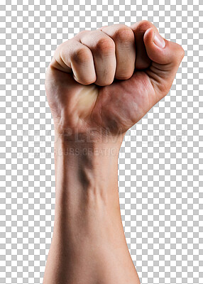 Buy stock photo Hand, fist and person with justice sign or power gesture  for support isolated in a transparent or png background. Voice, vote and strong symbol for a fight for change protest in a revolution