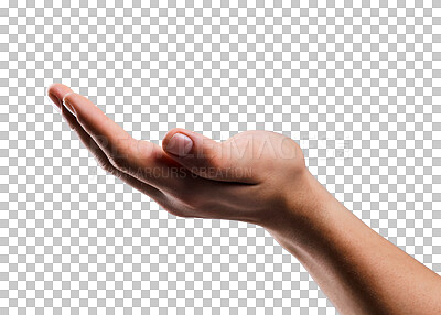 Buy stock photo Hand, open palm and advertising isolated on a transparent, png background for product placement. Empty hands of a person for presentation, marketing and promotion offer or asking for charity icon