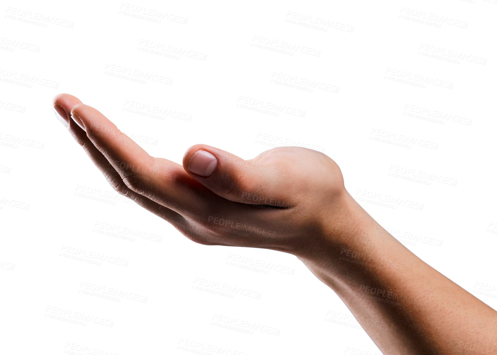 Buy stock photo Hand, open palm and advertising isolated on a transparent, png background for product placement. Empty hands of a person for presentation, marketing and promotion offer or asking for charity icon