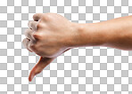 Person, hand and thumbs down for no, negative or disapprove isolated on a transparent PNG background. Hands of people with thumb emoji, sign or gesture for bad loss, vote or disagree and negativity