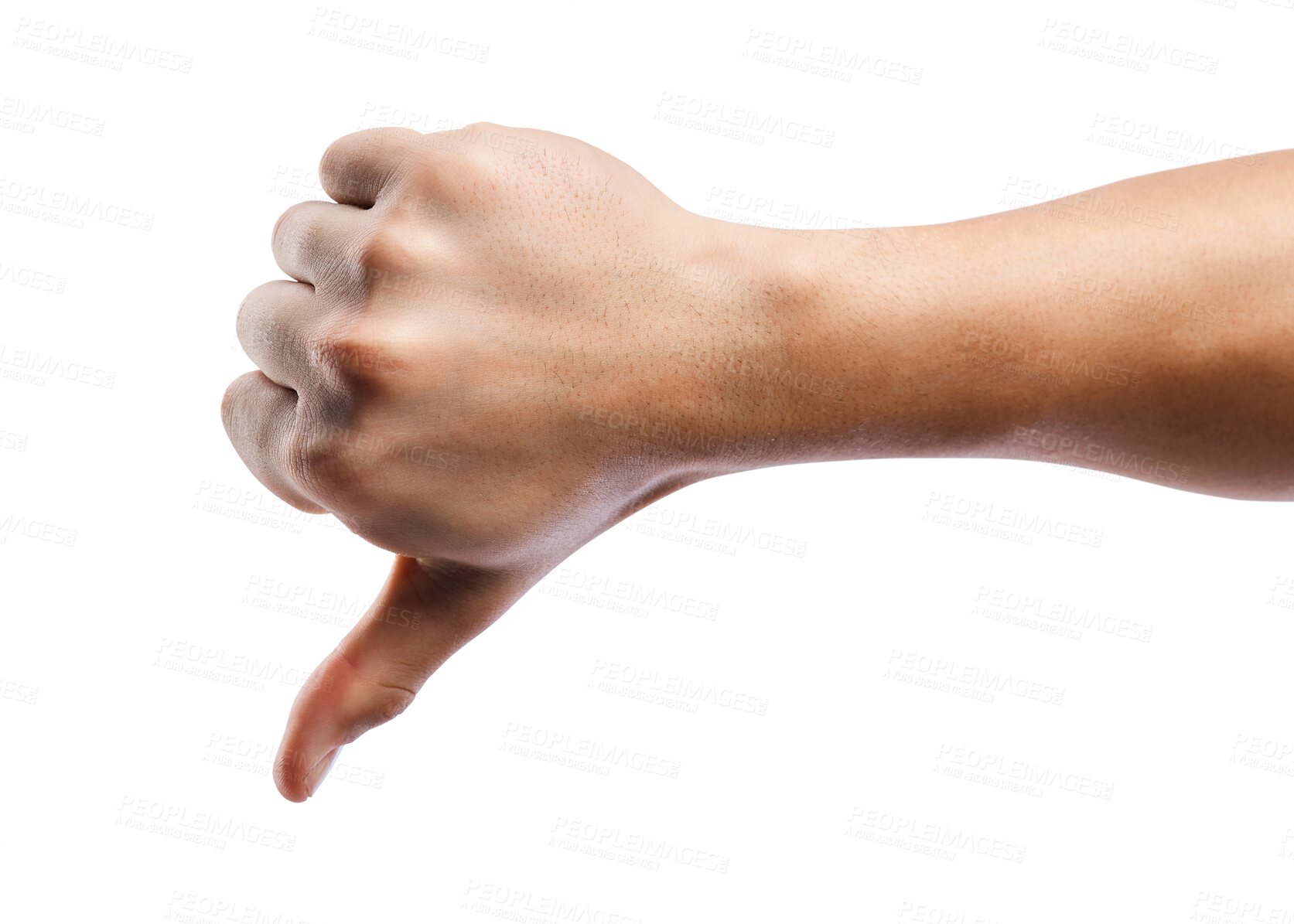 Buy stock photo Person, hand and thumbs down for no, negative or disapprove isolated on a transparent PNG background. Hands of people with thumb emoji, sign or gesture for bad loss, vote or disagree and negativity