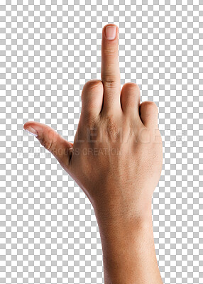 Buy stock photo Closeup, man and middle finger with anger, hand and rejection isolated against a transparent background. Zoom, male person or model with a sign, angry and png with aggressive, rude and showing hatred