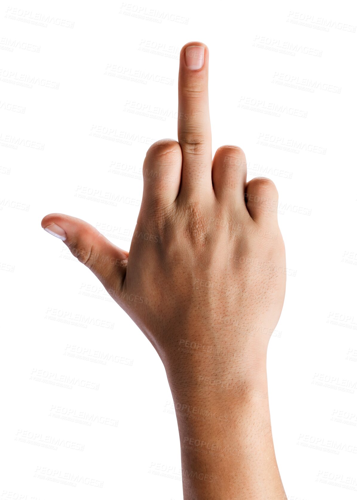 Buy stock photo Closeup, man and middle finger with anger, hand and rejection isolated against a transparent background. Zoom, male person or model with a sign, angry and png with aggressive, rude and showing hatred
