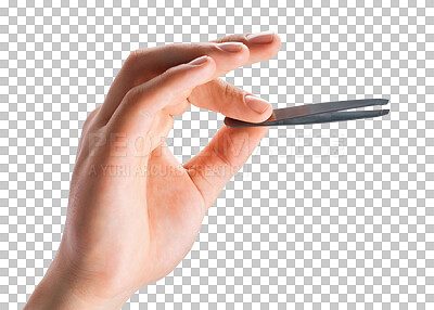 Buy stock photo Hand, tweezers and cosmetic tools for plucking eyebrow isolated on a transparent, png background. Hands, closeup and person with hair removal equipment, facial epilation and spa cosmetology product