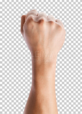Buy stock photo Hand, fist and person with power sign or justice gesture  for support isolated in a transparent or png background. Voice, vote and strong symbol for a fight for change protest in a revolution