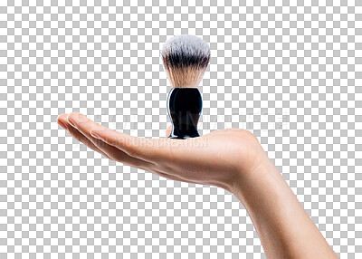Buy stock photo Hand, cosmetics and closeup of a shaving brush for a beauty, self care or facial grooming routine. Shave, hygiene and zoom of a person with cosmetic barber tool isolated by transparent png background