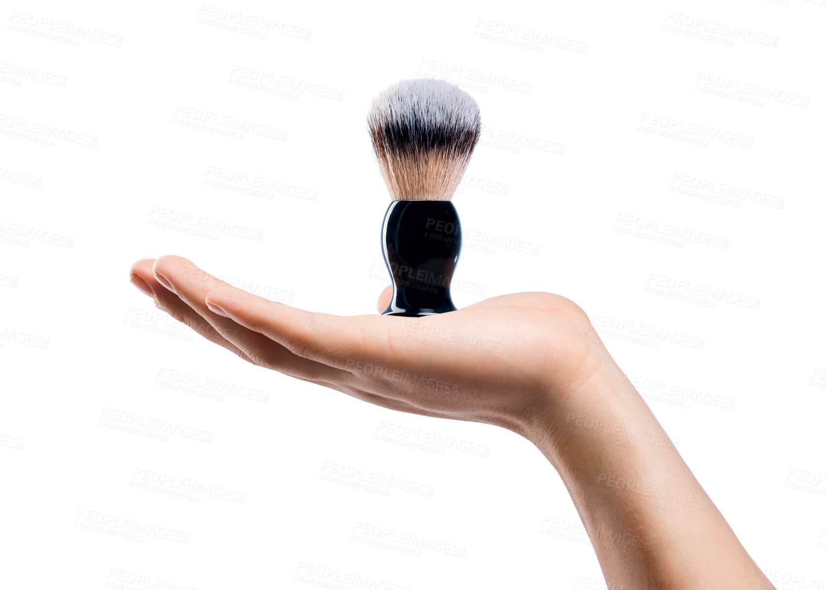 Buy stock photo Hand, cosmetics and closeup of a shaving brush for a beauty, self care or facial grooming routine. Shave, hygiene and zoom of a person with cosmetic barber tool isolated by transparent png background