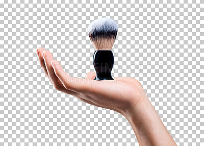 Buy stock photo Hand, self care and closeup of a shave brush for a beauty, health or facial grooming routine. Shaving, hygiene and zoom of a person with cosmetic barber tool isolated by a transparent png background.