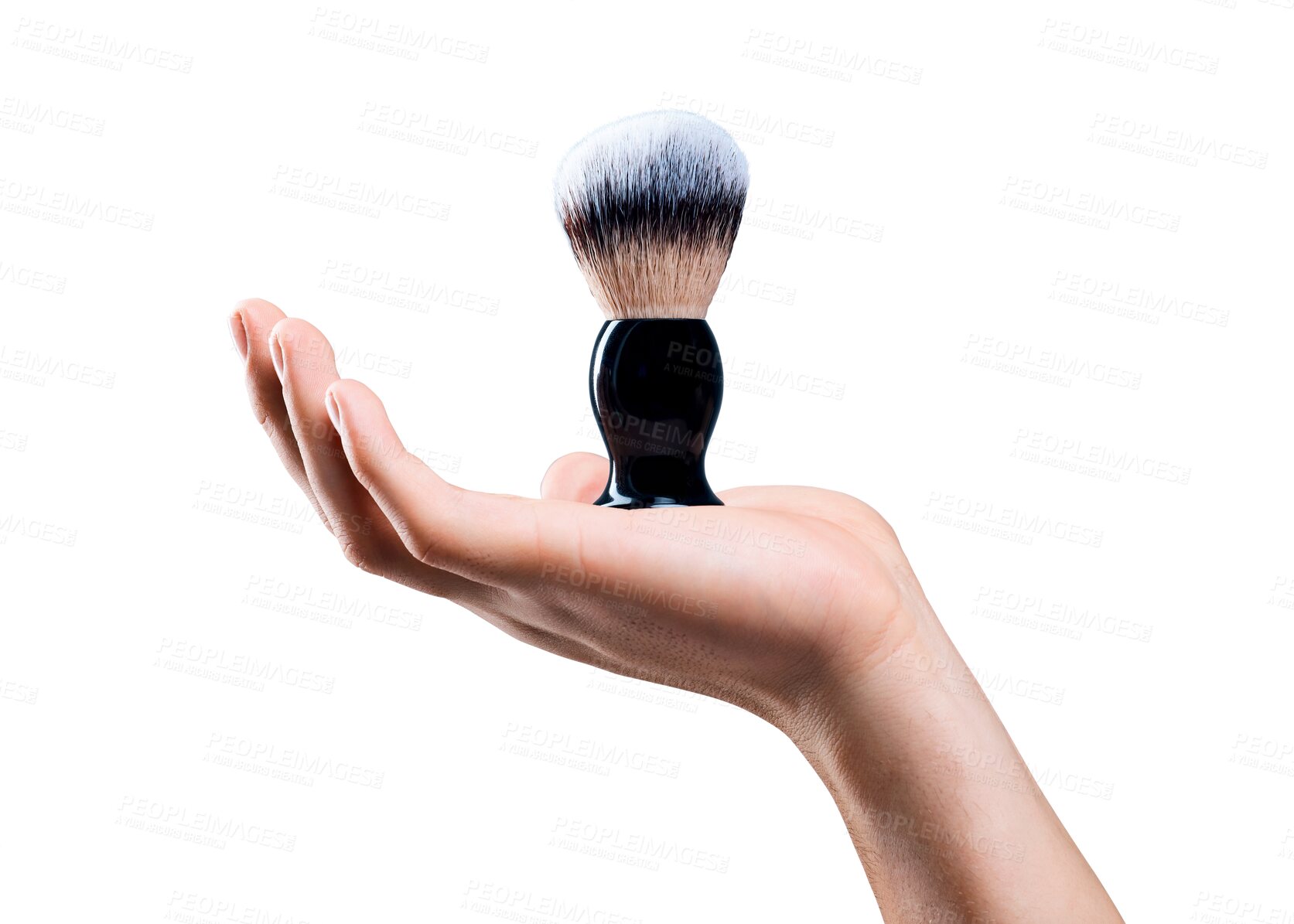 Buy stock photo Hand, self care and closeup of a shave brush for a beauty, health or facial grooming routine. Shaving, hygiene and zoom of a person with cosmetic barber tool isolated by a transparent png background.