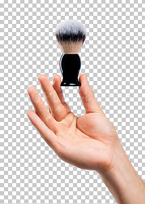 Buy stock photo Hand, grooming and closeup of a shave brush for beauty, self care or facial hair removal routine. Shaving, hygiene and zoom of person with cosmetic barber tool isolated by transparent png background.