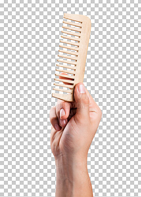 Buy stock photo Man, hand and comb for hair, grooming or style isolated on a transparent PNG background. Hands of person holding brushing or combing tool, equipment or brush for straighten, barber or salon treatment