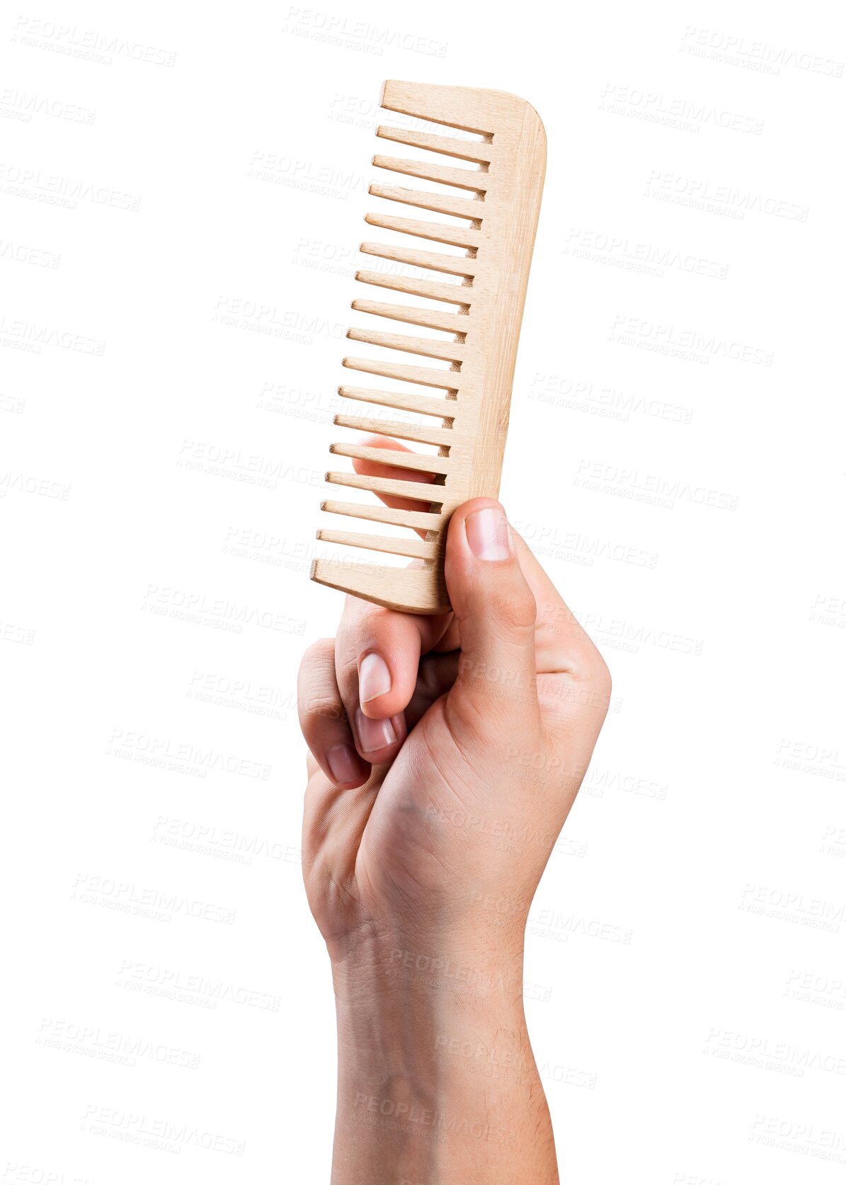 Buy stock photo Man, hand and comb for hair, grooming or style isolated on a transparent PNG background. Hands of person holding brushing or combing tool, equipment or brush for straighten, barber or salon treatment